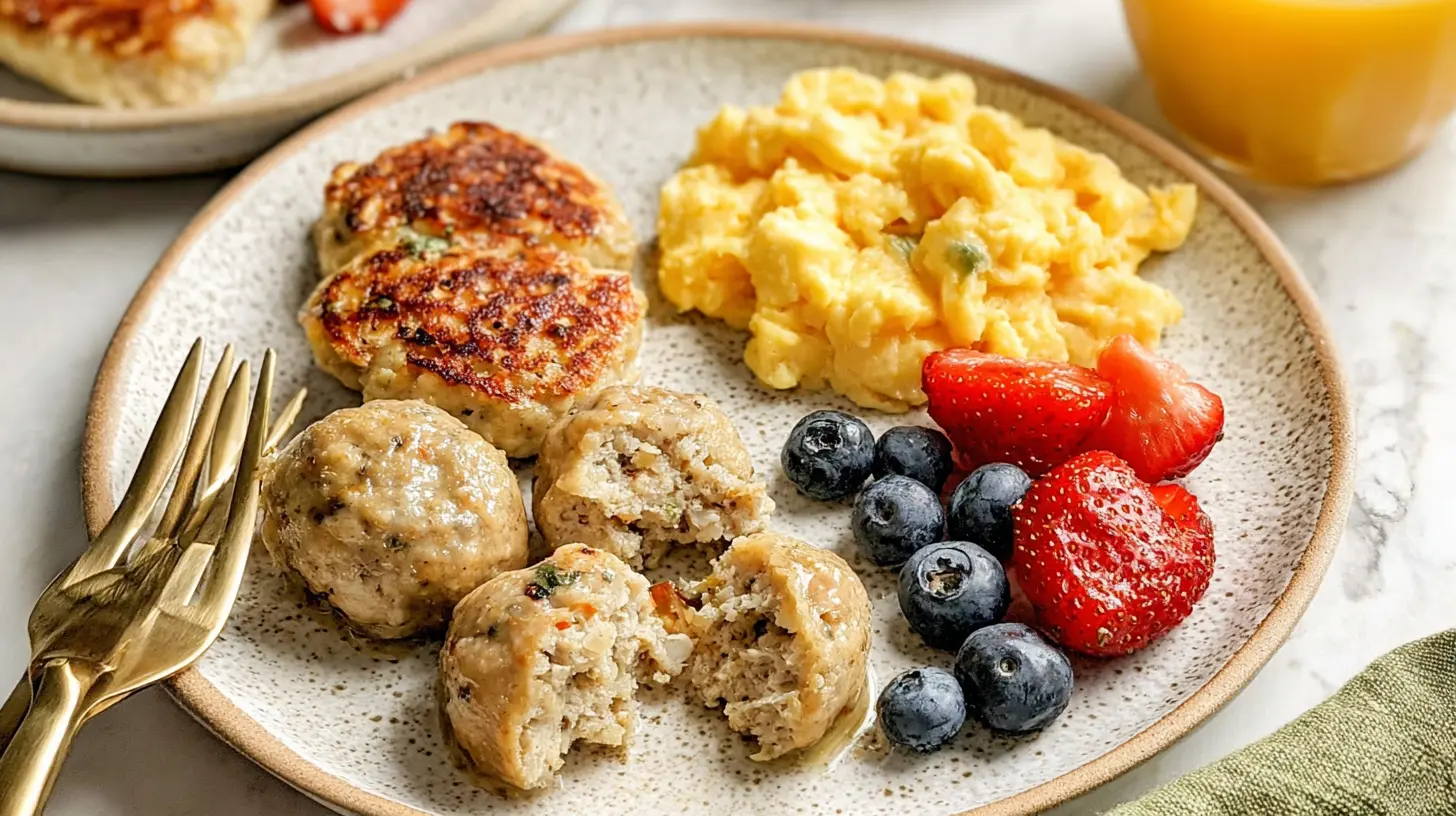 A table spread with various family-friendly breakfast ideas like pancakes, fruit, and eggs