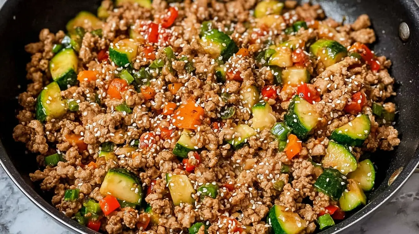Close-up of a healthy ground turkey stir fry, rich with vibrant ingredients.