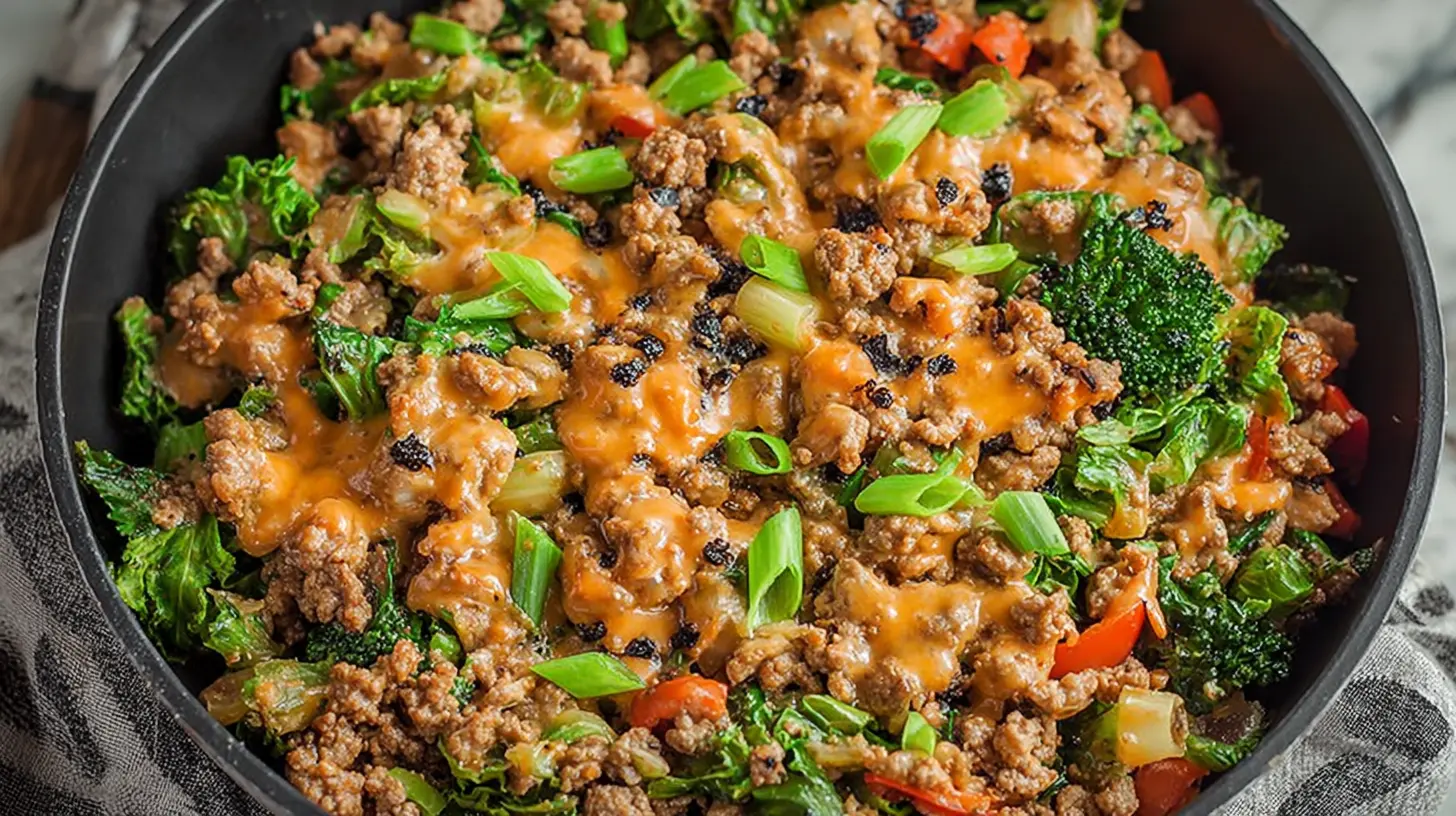 Healthy ground turkey recipe served in a ceramic bowl, garnished with herbs.