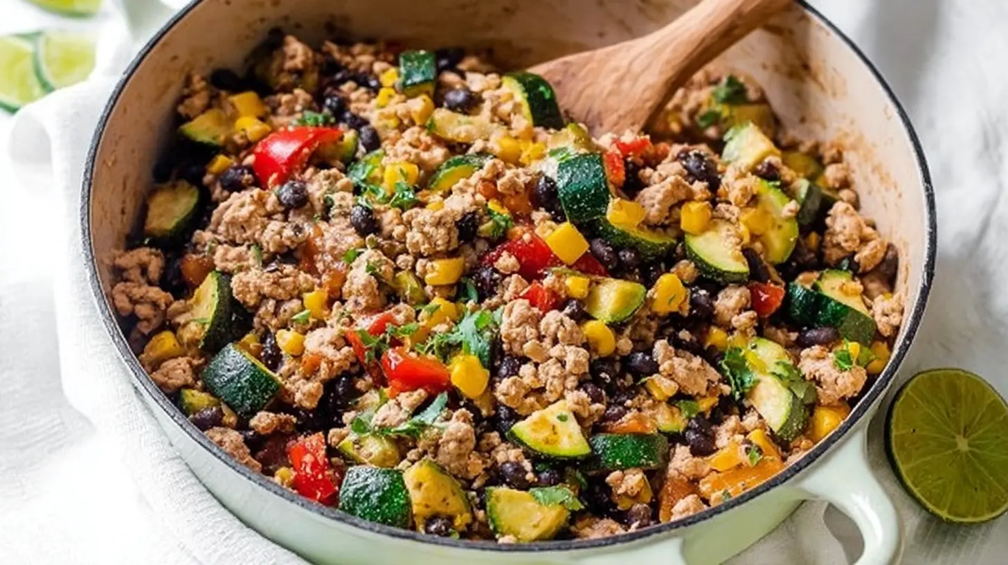 A full shot of a healthy ground turkey and veggie skillet, ready to eat