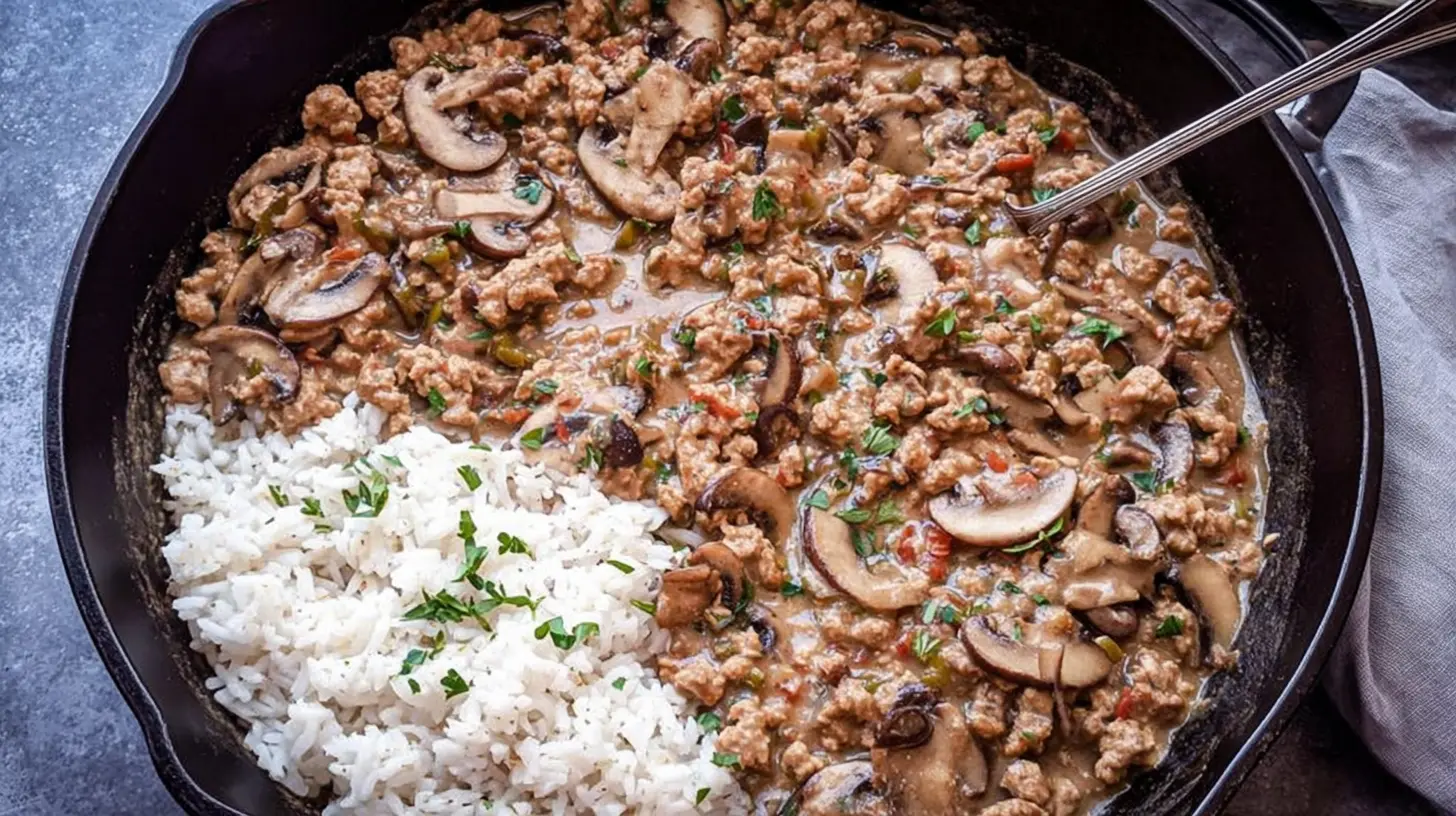 Healthy ground turkey meal, artfully plated with fresh herbs.