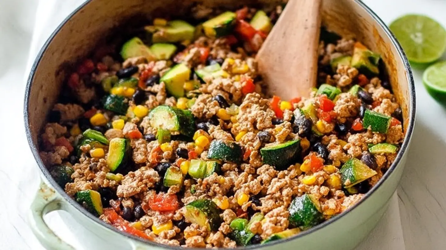 A lean ground turkey skillet dish cooked with colorful vegetables.