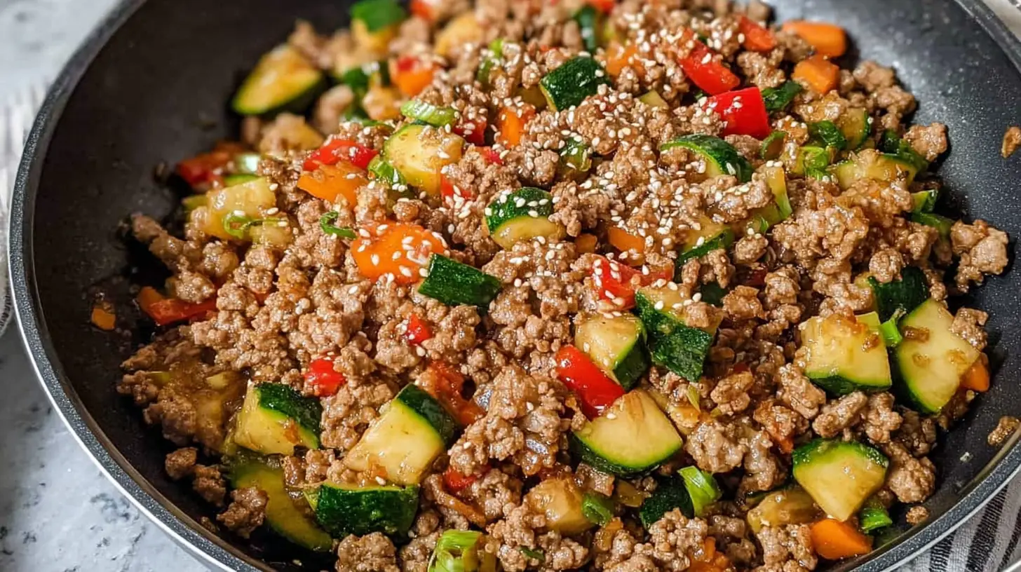 A colorful lean ground turkey stir fry with mixed vegetables in a skillet.
