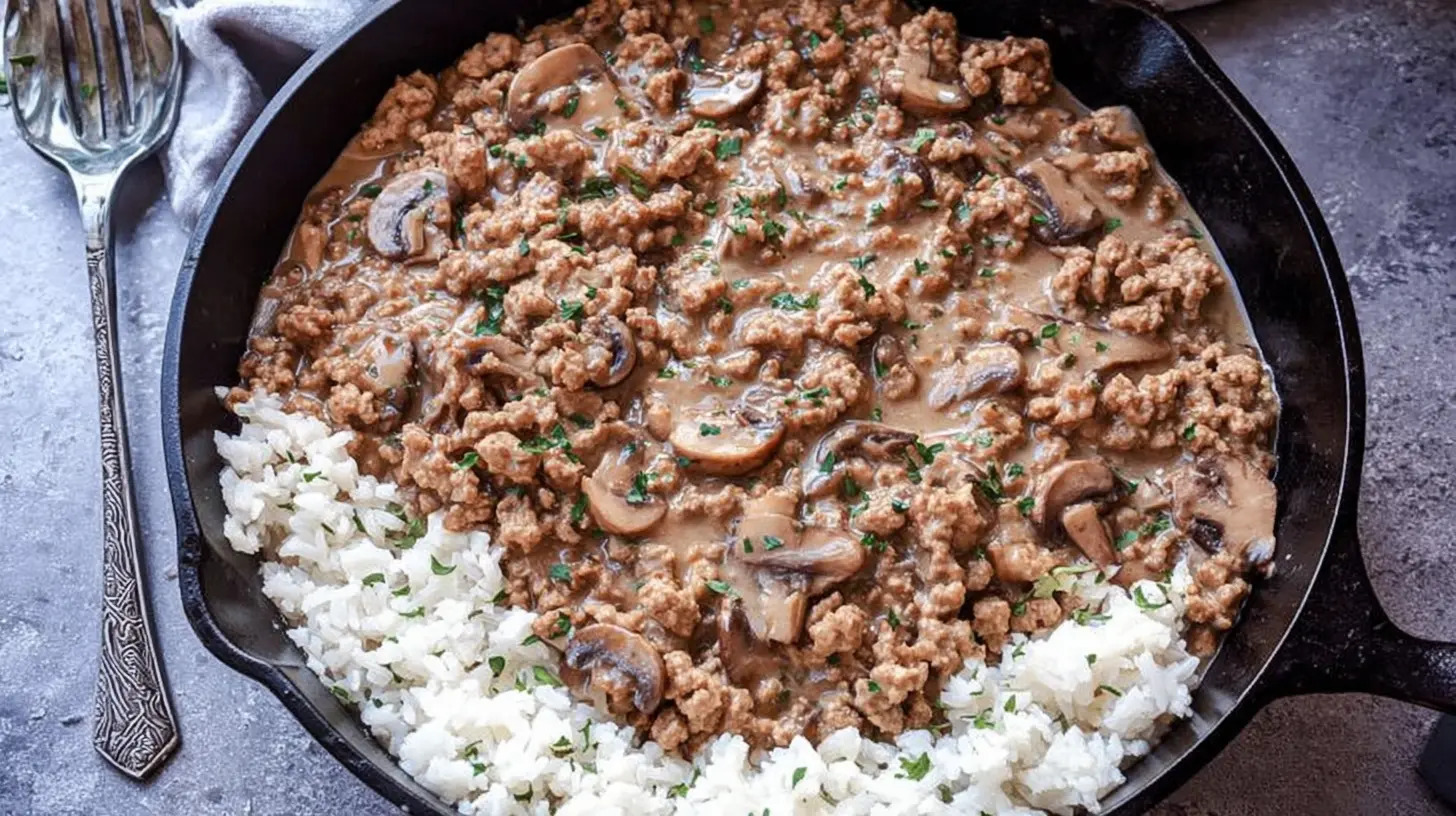 A serving of lightened-up ground turkey meal in a bowl, showing lean meat and vegetables.