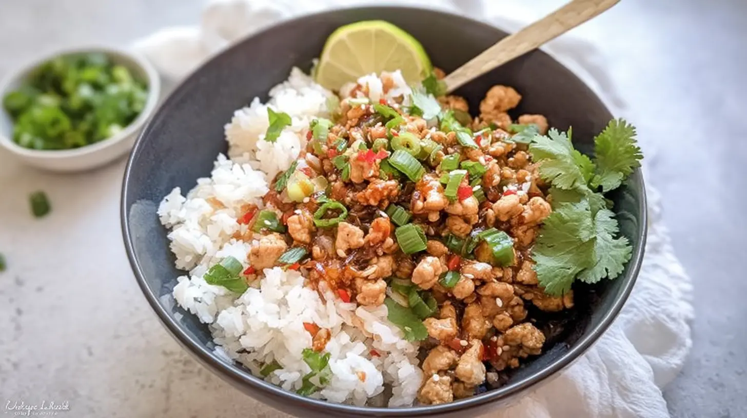 A vibrant low fat turkey rice bowl, garnished with fresh herbs and vegetables.