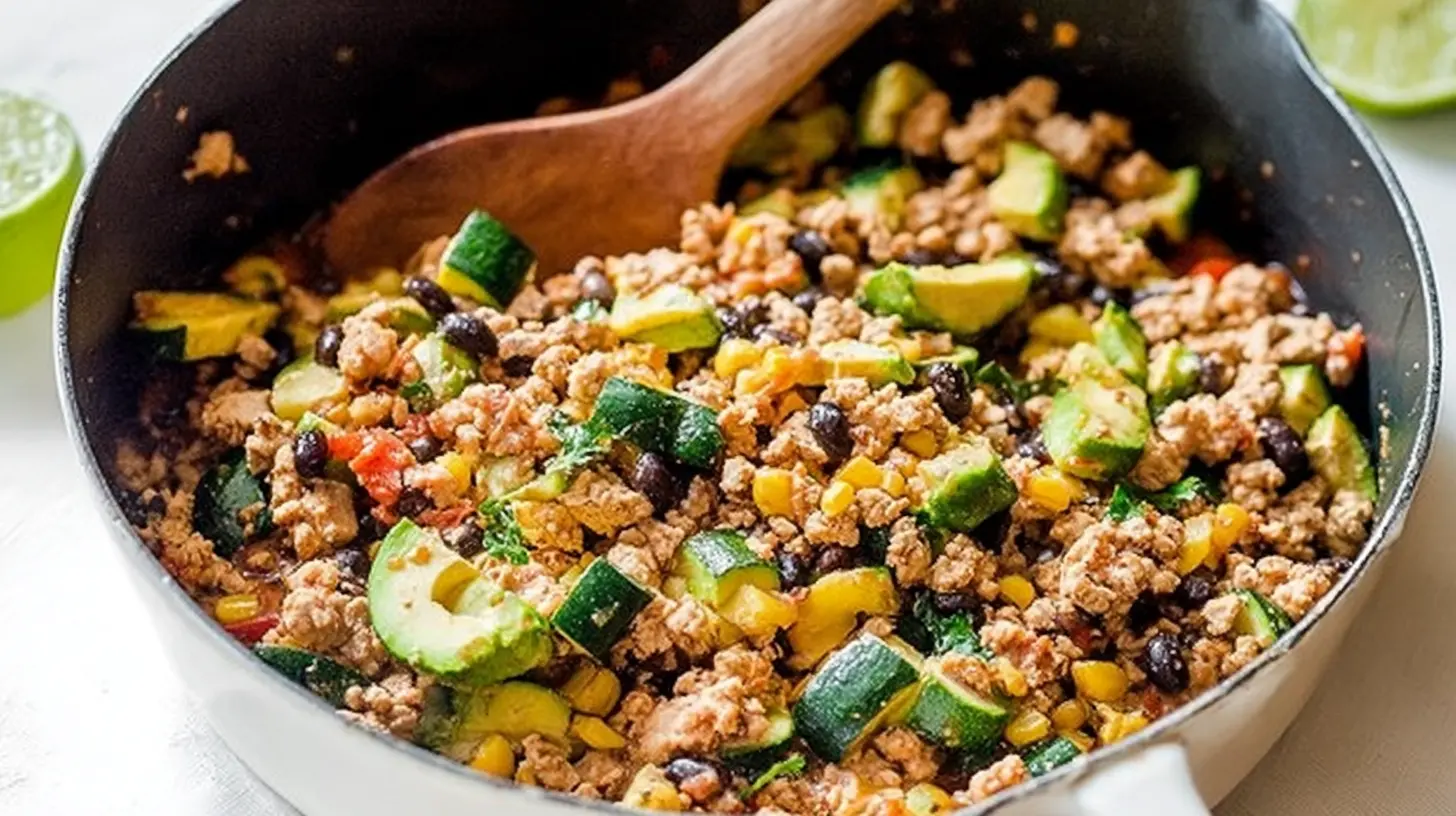 Skillet recipe featuring lean ground turkey and fresh ingredients.