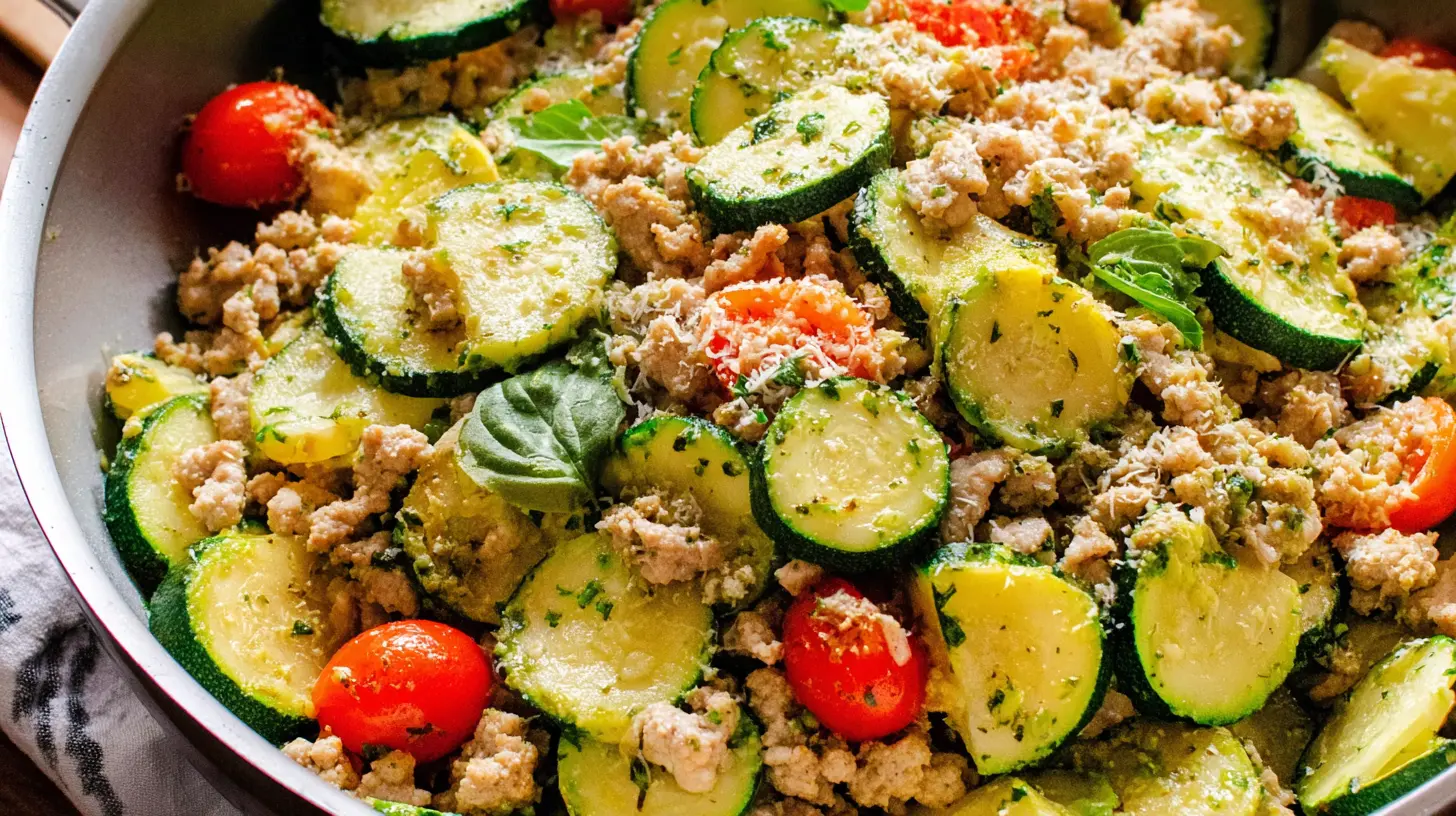 A colorful ground turkey and zucchini stir-fry served in a white bowl.