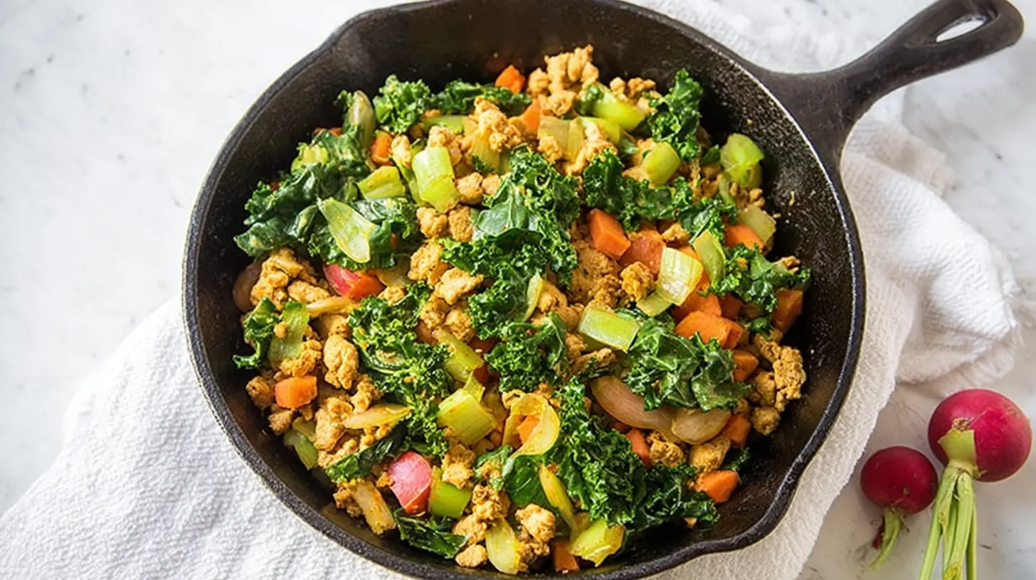 A simple lean turkey skillet dish cooked with vegetables