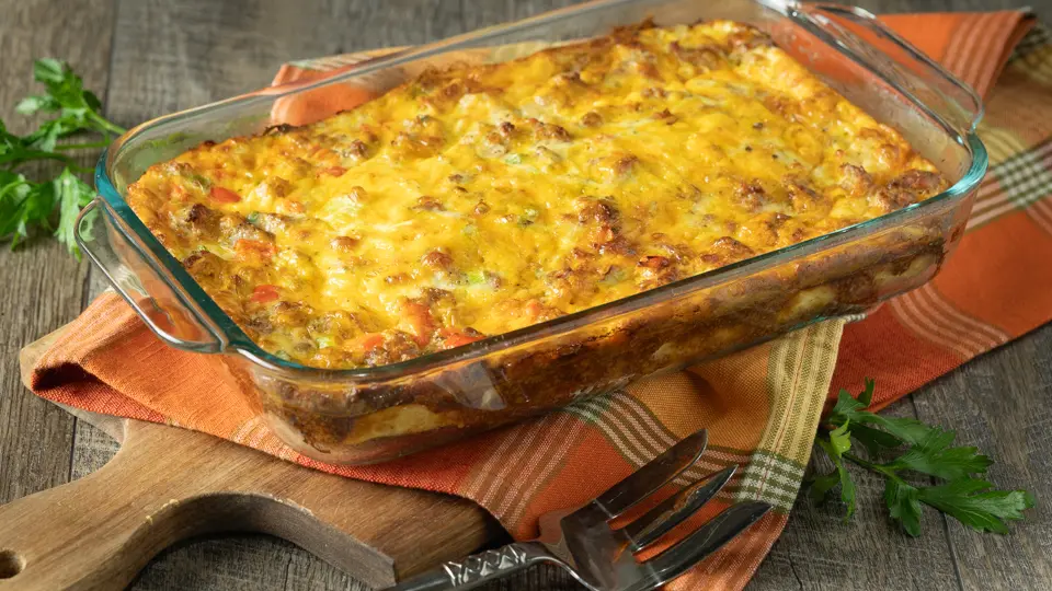 A hot and delicious all-in-one breakfast casserole fresh from the oven