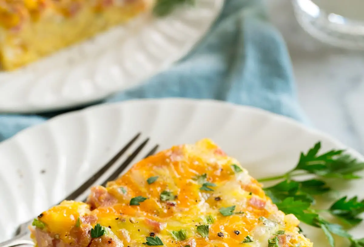A freshly baked balanced breakfast casserole, golden brown and bubbly.