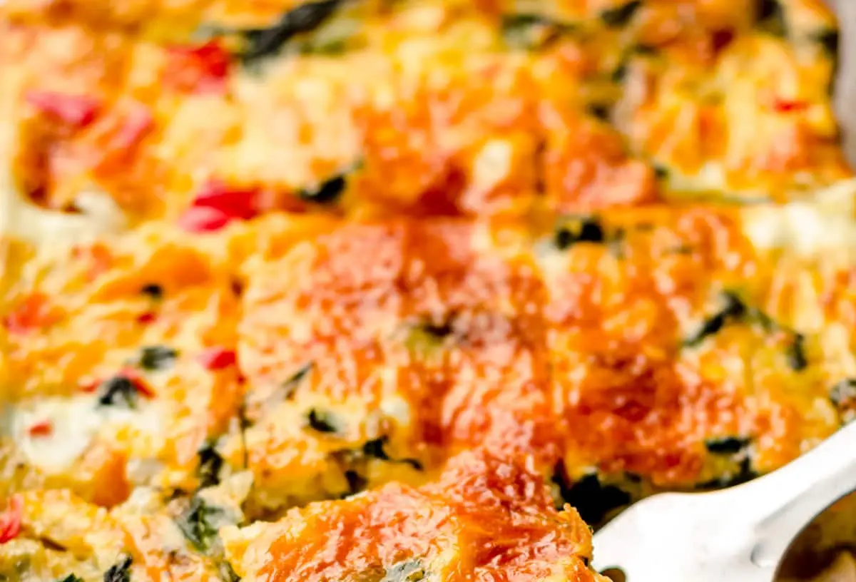 A beginner-friendly breakfast casserole, golden brown and freshly baked.