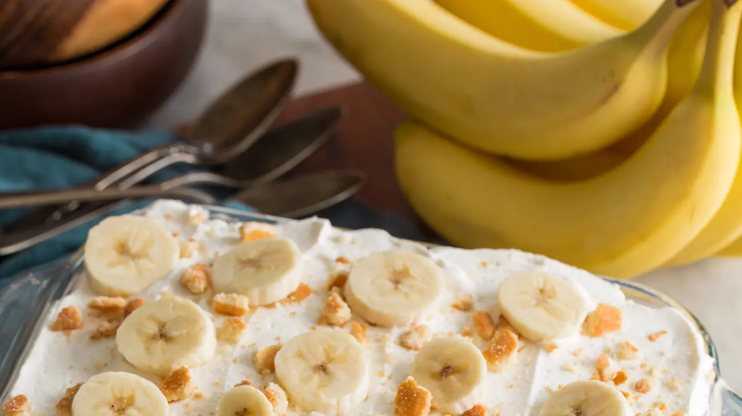 A serving of delicious banana pudding with wafers and sliced bananas