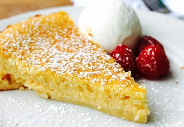 A freshly baked impossible pie with a golden-brown top, ready to serve.
