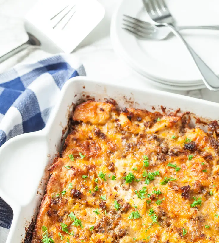 Ingredients for an easy overnight breakfast bake laid out on a kitchen counter.