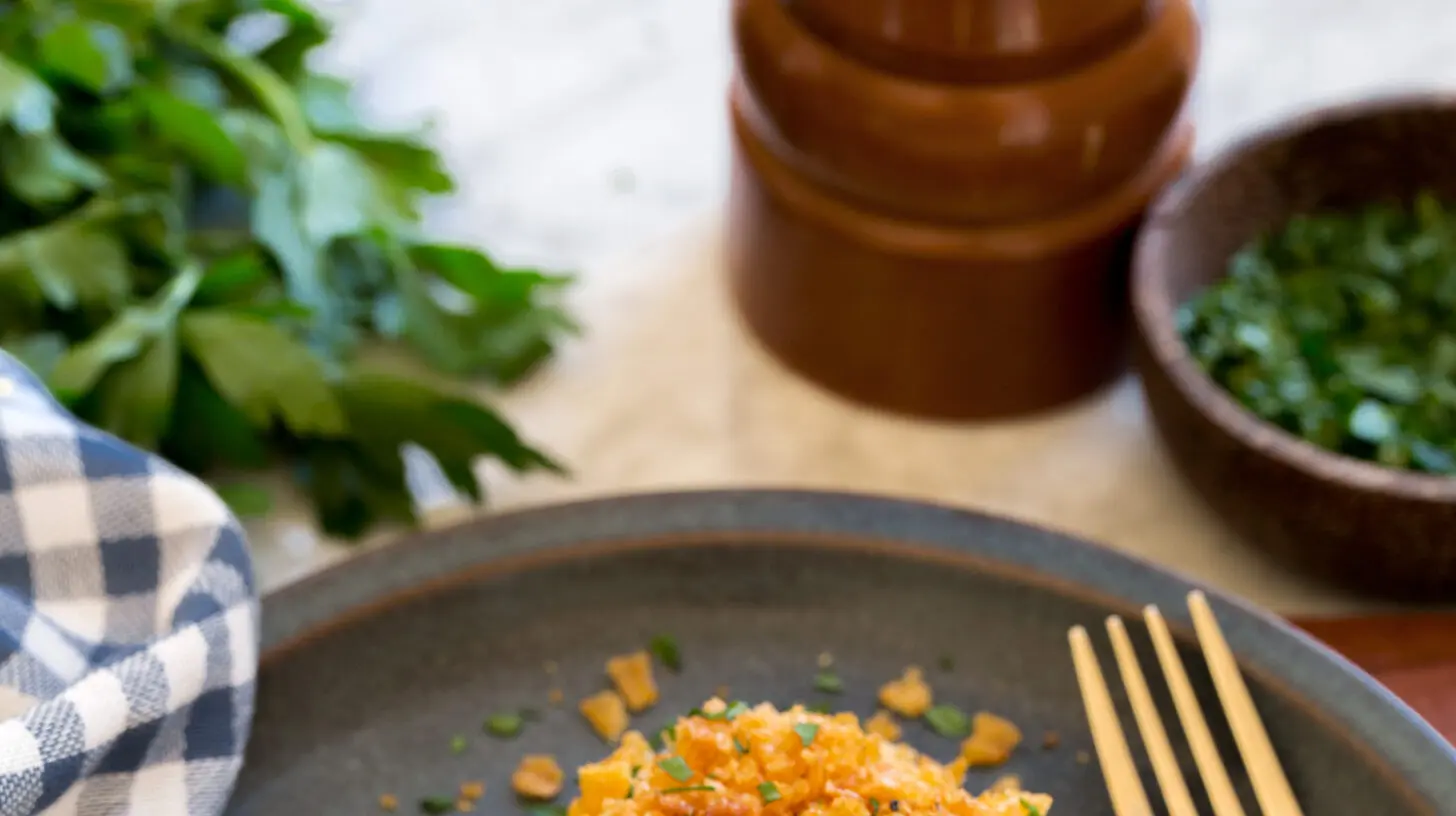 Close-up of a creamy funeral potatoes casserole dish with a golden crust and crunchy topping.