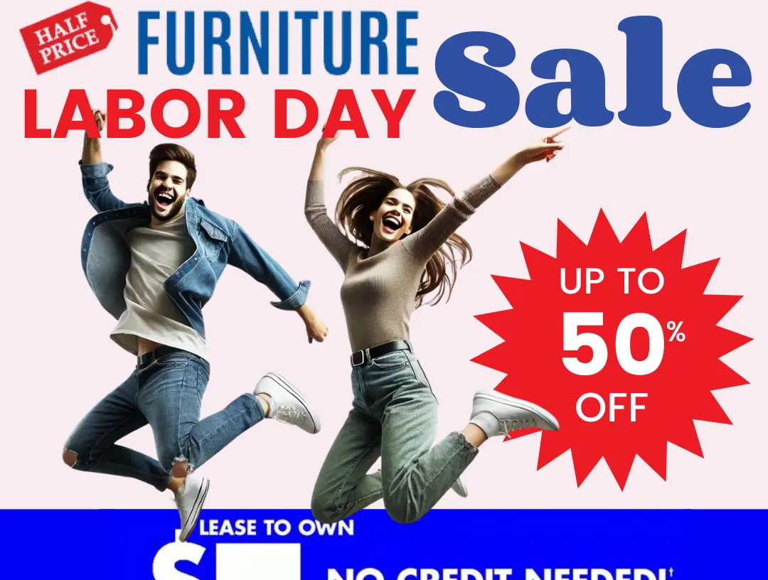A showroom displaying various furniture pieces on sale for Labor Day.