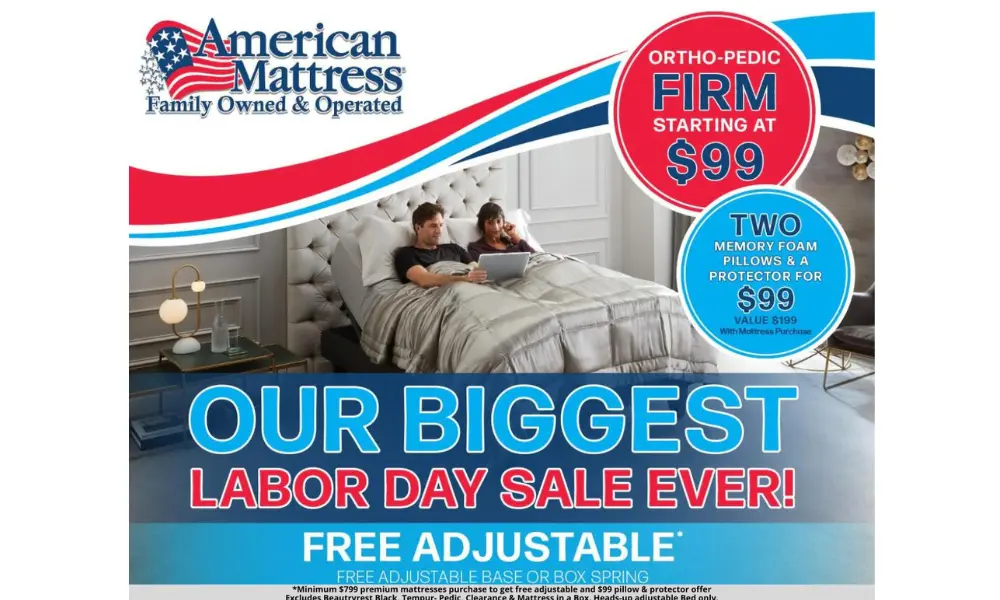 A display of various mattresses on sale for Labor Day.