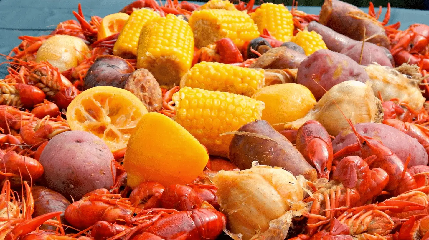 A massive pot filled with a vibrant Louisiana crawfish boil, featuring red crawfish, corn, and potatoes.