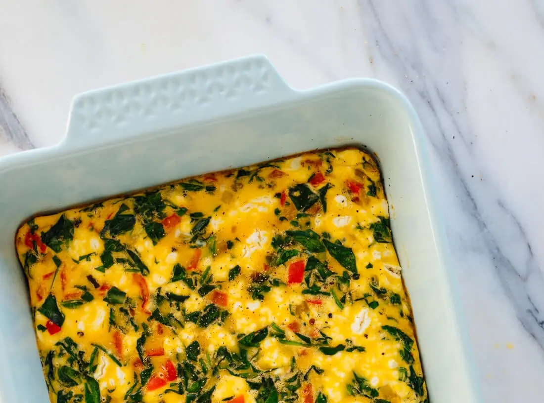 A visually appealing low-calorie breakfast casserole, freshly baked and ready to serve.