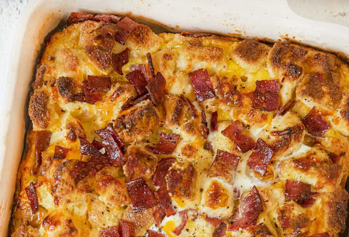 A steaming nutritious breakfast casserole dish, fresh from the oven.