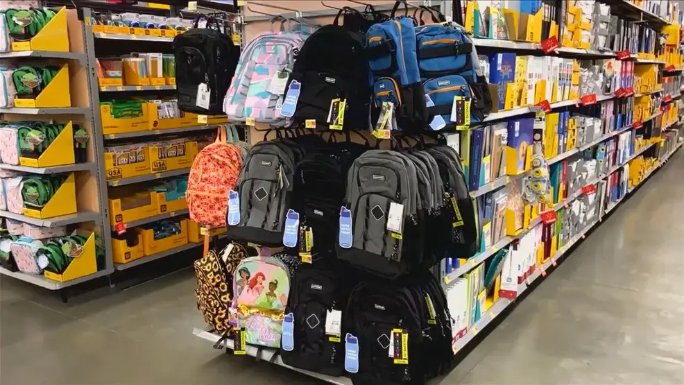 Collection of colorful school backpacks on sale in the USA retail store