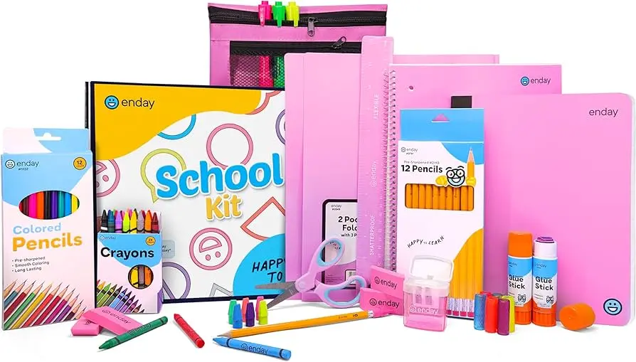 A collection of colorful school supplies available on Amazon, including pens, notebooks, and binders.