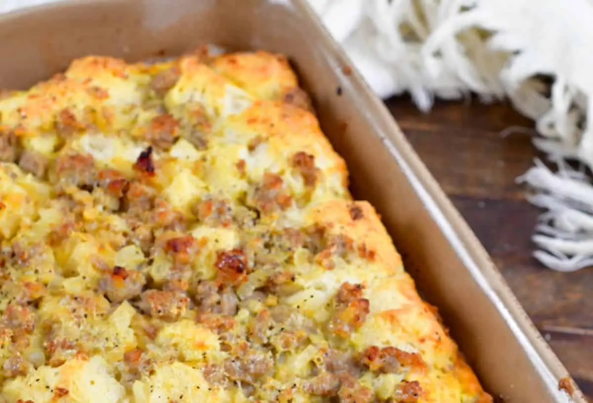 A simple egg breakfast casserole, freshly baked and golden brown.