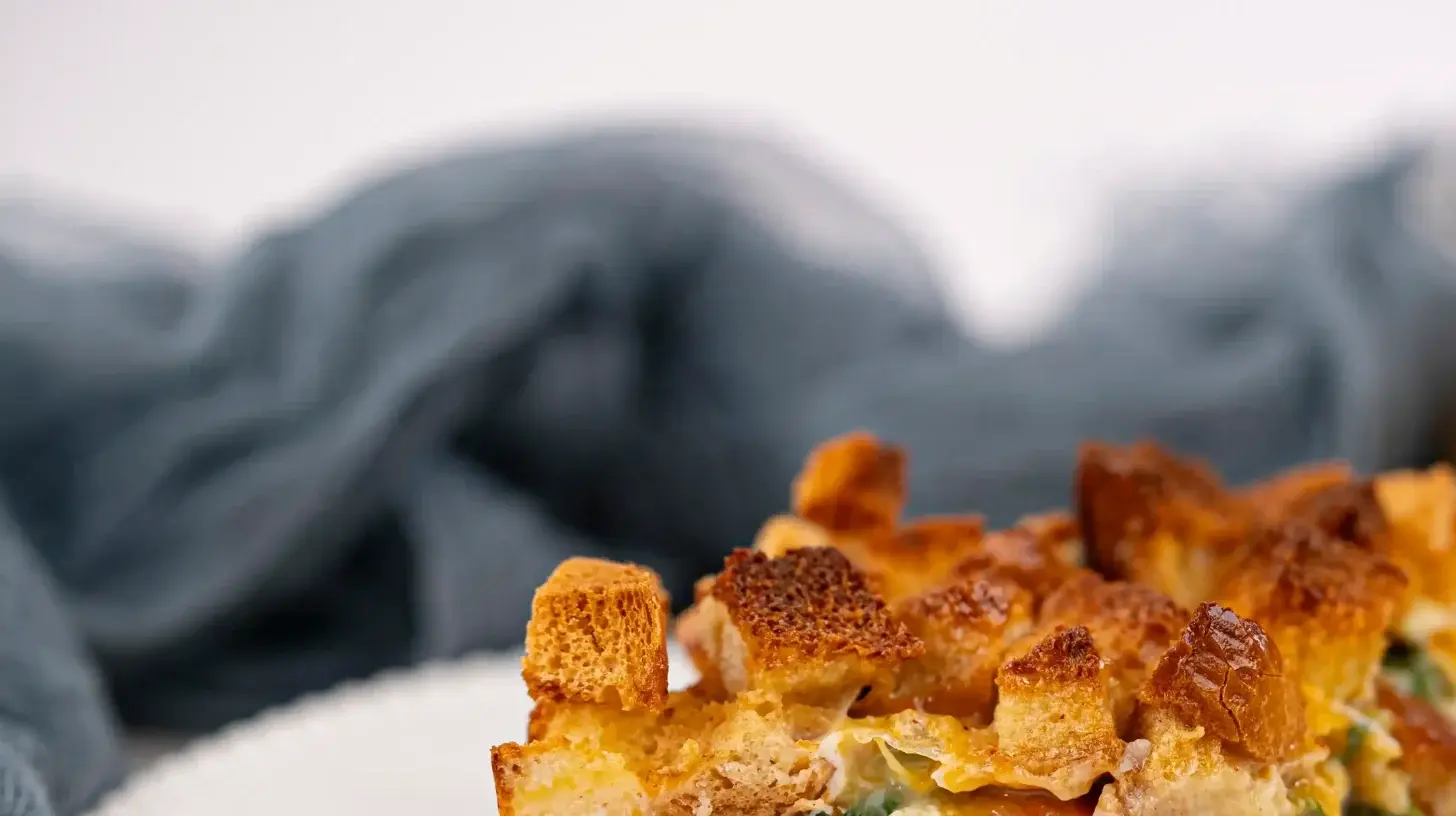 A simple sausage and egg casserole baked to a golden brown perfection in a white baking dish.