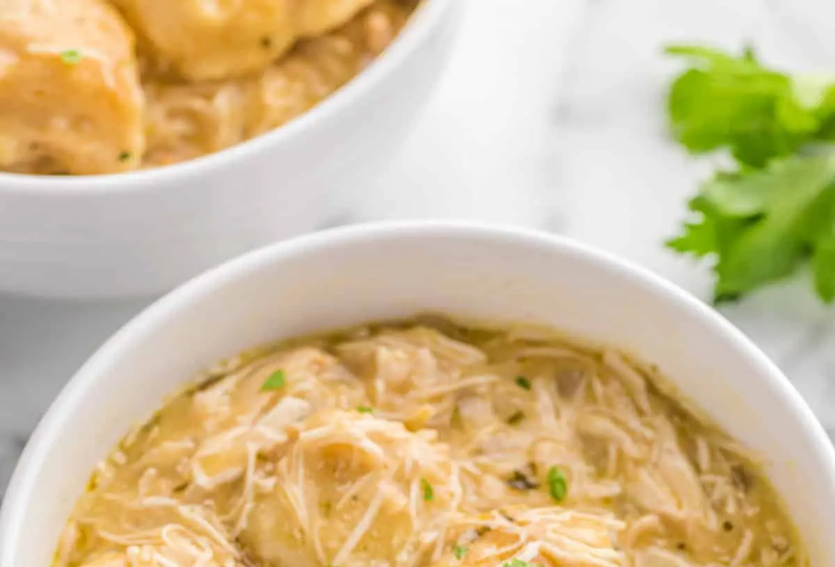A slow cooker filled with chicken and dumplings, ready to serve.