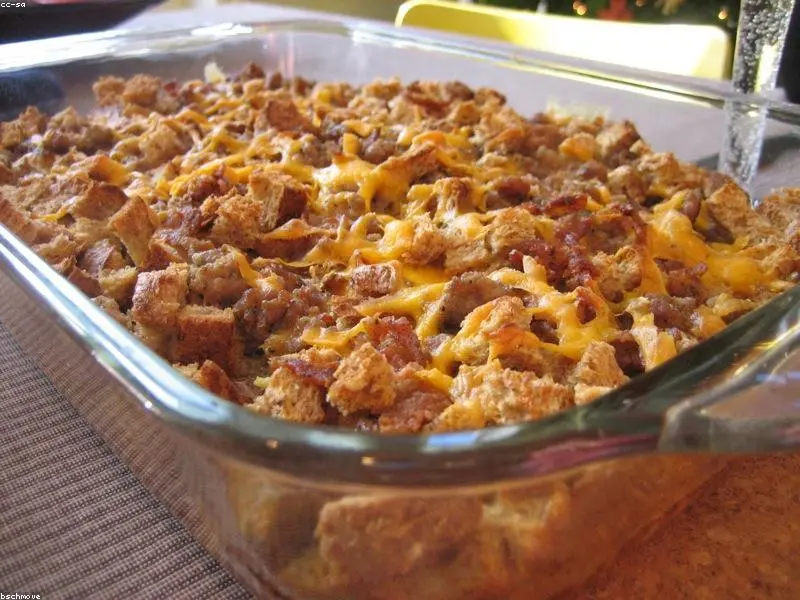 A traditional breakfast egg casserole, golden brown and freshly baked.
